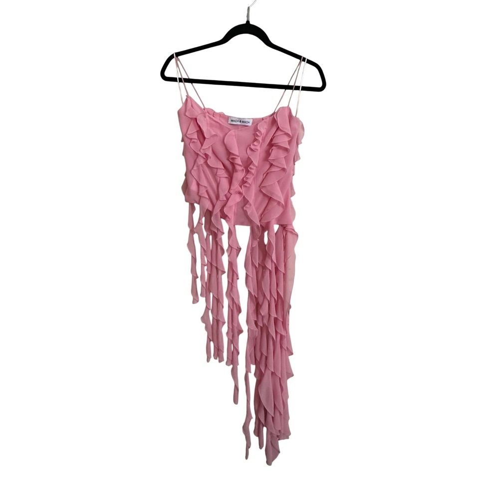MACH & MACH Pink Ruffle Chiffon Asymmetric Fringe Tank Top FR 36 US 6 SS22